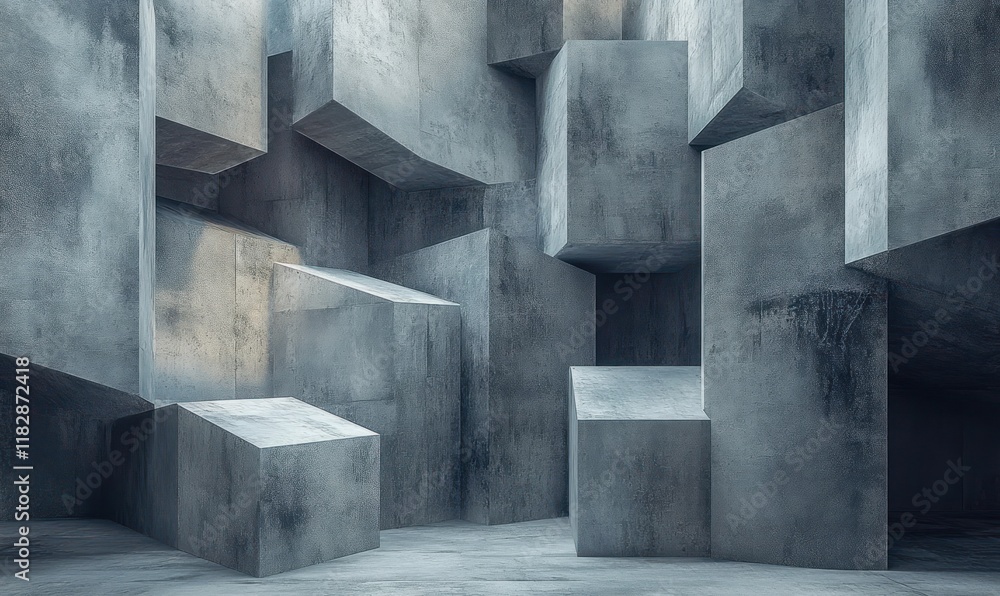 Poster concrete blocks abstract geometric structure with high contrast lighting and deep shadows