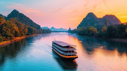 Obraz premium Monument cultural and iconic, A scenic view of a boat cruising on a tranquil river surrounded by lush mountains and a beautiful sunset sky.