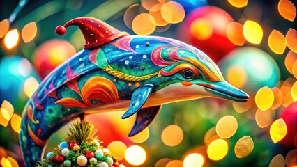 Fototapeta premium Download this vibrant macro Christmas dolphin watercolor PNG. High-resolution festive clipart for your holiday projects.