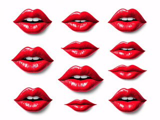 Nine pairs of glossy red lips in various expressive poses, evoking sensuality and allure.