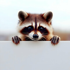 Curious Raccoon Peeking Over a Blank Sign with Paws Firmly Gripped for Message Display