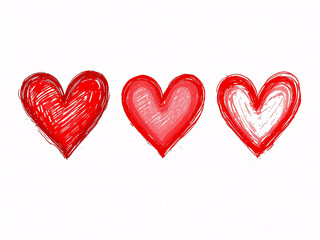 Obraz premium Three red hand-drawn hearts in a row on a white background.
