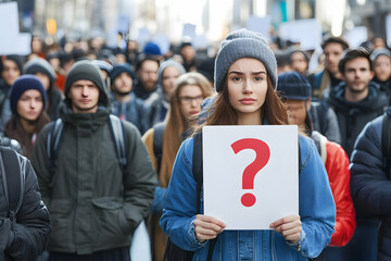 Young Woman Holds Question Mark Sign at Protest Rally Seeking Answers and Change in Society
