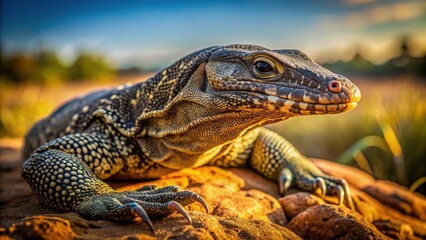 Fototapeta premium Drone's-eye view: A majestic Nile monitor lizard basks in the African sun, wildlife photography at its finest.
