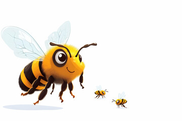 Three Cute Cartoon Bees Flying Happily on White Background