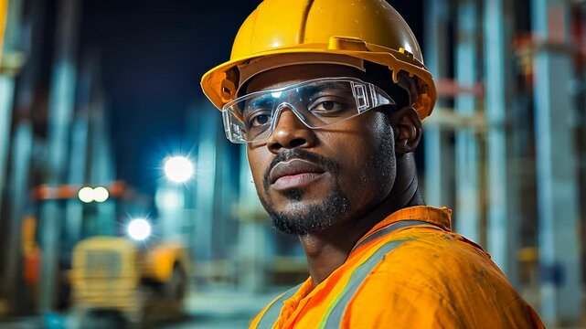 An African-American middle-aged man in safety gear focuses at an industrial site during the night. His orange uniform and helmet denote rigorous safety protocols, promoting workplace security