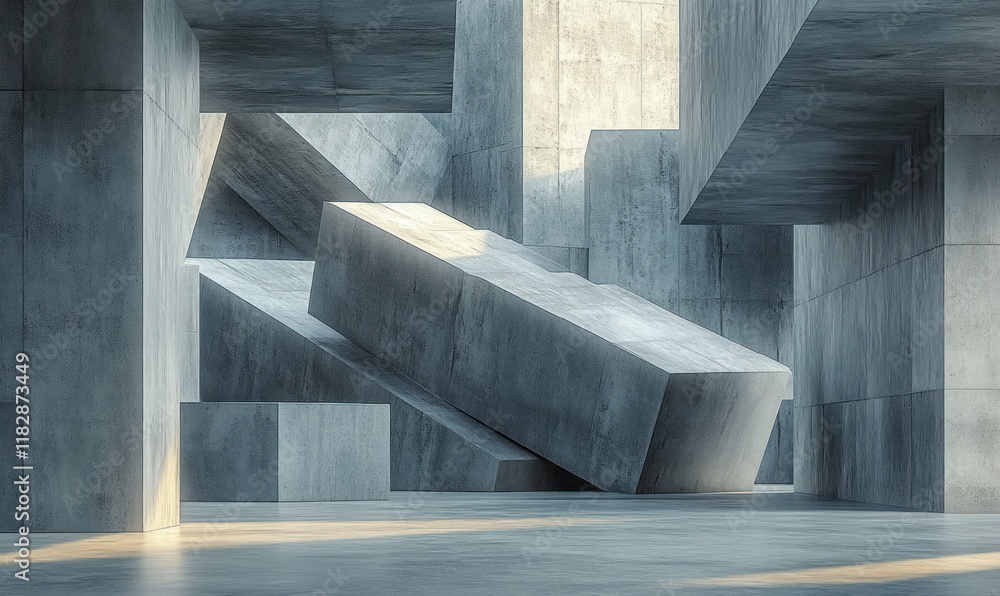 Poster dynamic abstract geometric concrete block composition with high contrast lighting and textured surfa