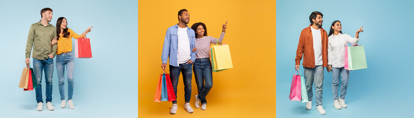 Groups of diverse individuals happily shopping during a black Friday sale, showcasing colorful...