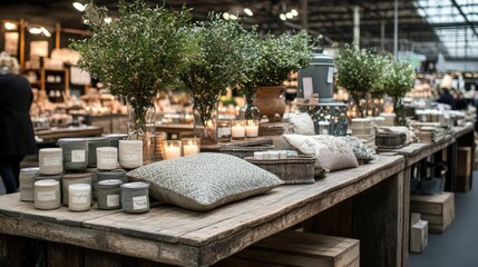 Fototapeta premium Cozy market display with candles and greenery.