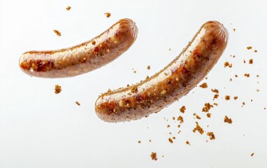 A pair of rustic sausages soaring through the air with crumbs floating nearby on white