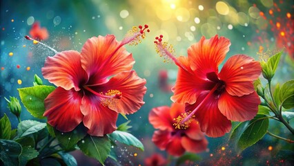 Exploding watercolor hibiscus: AI creates a stunning red floral masterpiece, a splash of digital art.