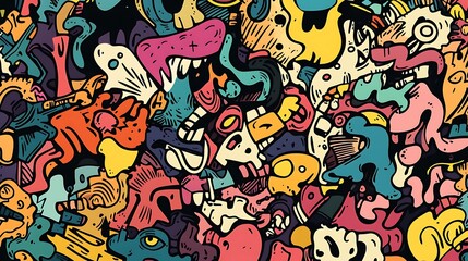 Vibrant Abstract Doodle Art: A Colorful Chaos of Whimsical Shapes and Grotesque Creatures