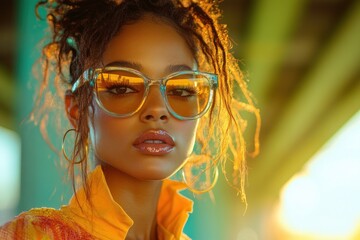 Fototapeta premium Young woman wearing rainbow mask celebrating diversity and pride in vibrant urban setting