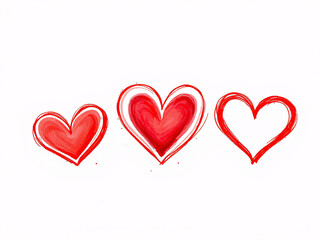 Three red hand-drawn hearts in a row on a white background.