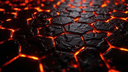 "Close-up of sleek black hexagonal tiles glistening with dew, illuminated by vibrant red neon accents in a dramatic dark setting."