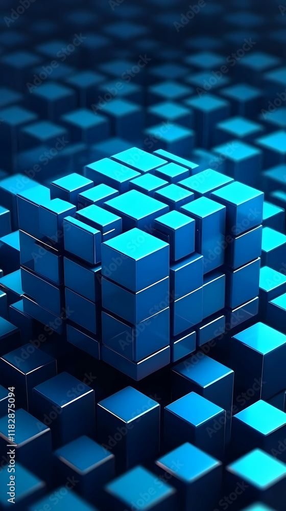 Aufkleber 3d render of interlocking blue cubes forms a larger cube structure on a blue background