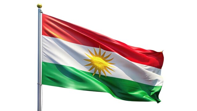 Minimalist white backdrop showcases a waving Kurdistan flag; patriotic ribbon symbol.