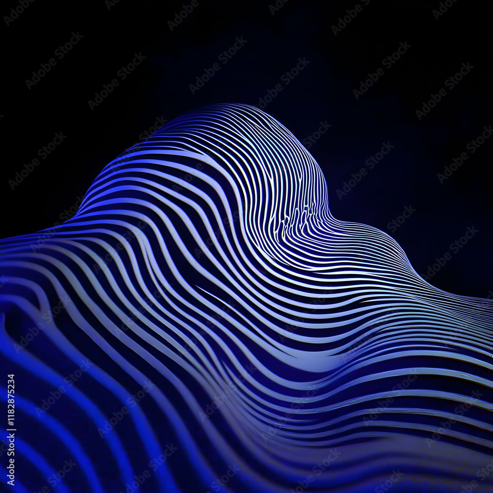 Poster abstract blue and white stripes flow gracefully across a dark background, creating a dynamic visual.