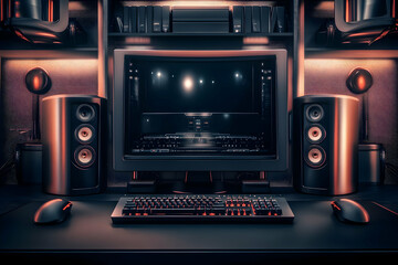 Fototapeta premium High-Tech Gaming Setup Displays Computer, Keyboard, Mouse, and Speakers Elegantly in a Dark Room.