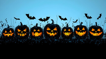 Seven Jack-o'-lanterns Glow in the Dark with Bats Flying Overhead