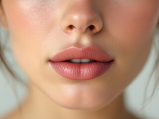 Naklejka premium Close-up of glossy pink lips with smooth, shiny texture, exuding natural beauty and allure.