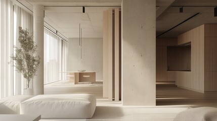 Fototapeta premium 3D layout of a minimalist urban loft, smartly designed small spaces, modern interiors, and eco-friendly features 
