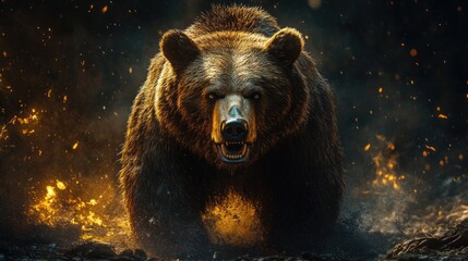 Fierce grizzly bear charging in water with claws bared and teeth showing