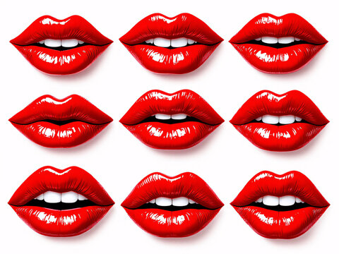Nine pairs of glossy red lips in various expressive poses, evoking sensuality and allure.
