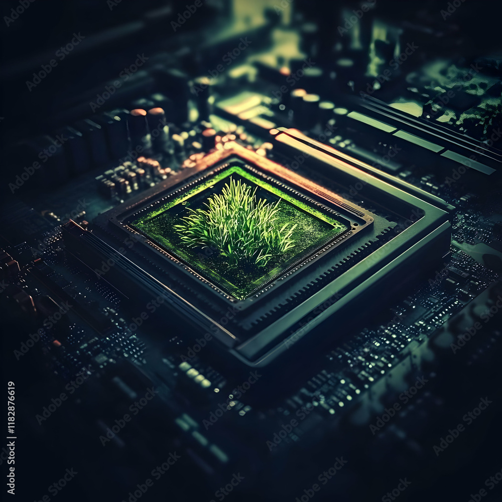 Aufkleber green grass grows in cpu socket on circuit board, symbolizing green technology and eco-friendly comp