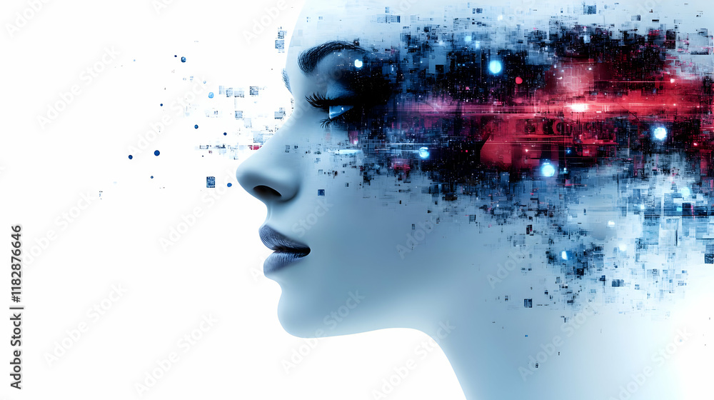 Poster 3d illustration of a woman's face merging with digital data flow abstractly.