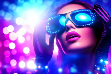 Glamorous Model Wearing LED Glasses and Gloves in Vibrant Neon Nightclub Setting