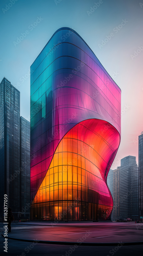 Poster parametric design, a high-fidelity image of a futuristic, parametric skyscraper featuring a twisting