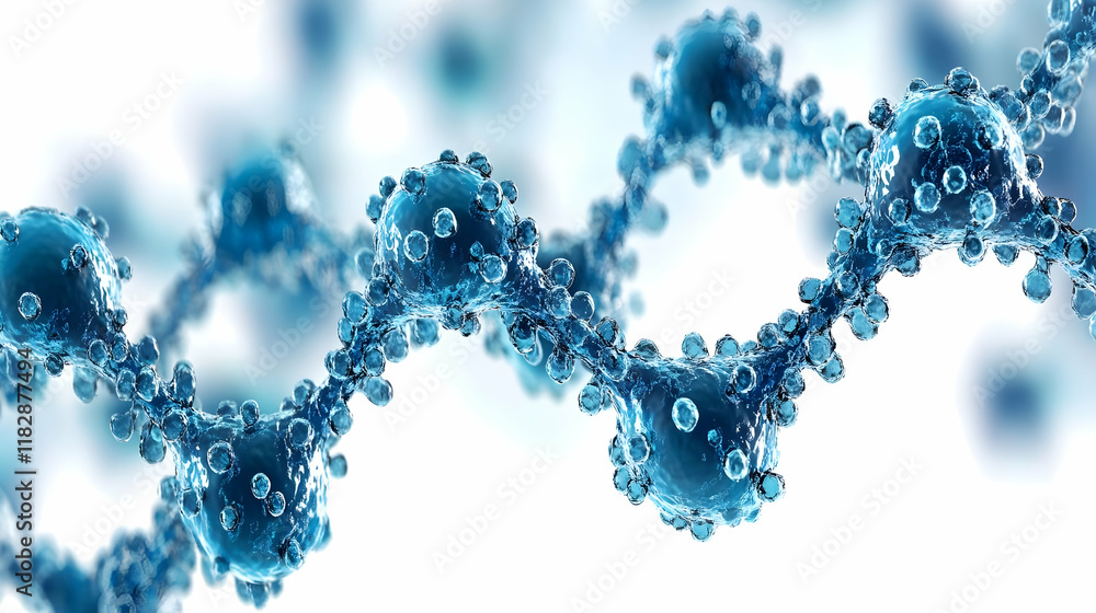 Poster abstract 3d render of interconnected blue spheres forming a dynamic, fluid chain structure against a