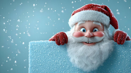 3D Festive Character Peeking Over Snowy Blue Sign, Sparkling Winter Wonderland Background