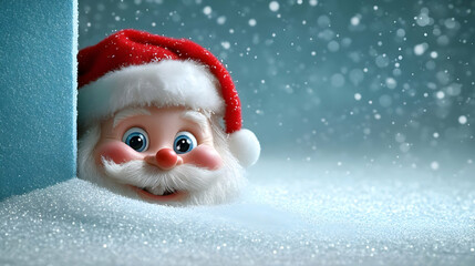 Whimsical Festive Figure Peeking from Snowy Wonderland with Sparkling Blue Background