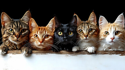 Five Cats Peer Over a Blank White Sign Against a Dark Background