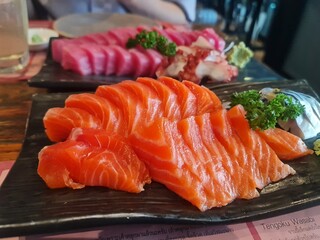 Salmon sashimi, the traditional Japanese food
