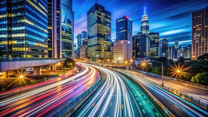 Obraz premium Urban nightscape: Long exposure photography reveals the luminous beauty of a thriving city, its lights painting a captivating skyline.