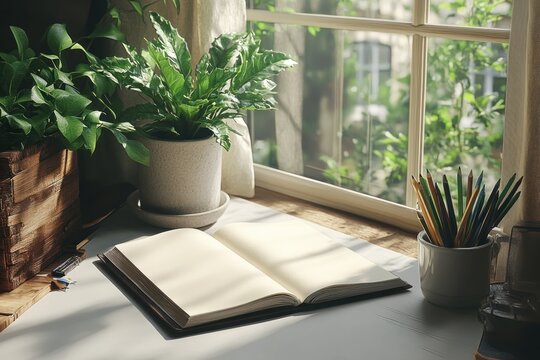 Minimalistic still life with blank book aloe plant white cup colored pencils on white desk