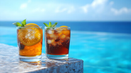 Two Refreshing Iced Drinks by the Poolside Overlook the Sparkling Blue Water on a Sunny Day