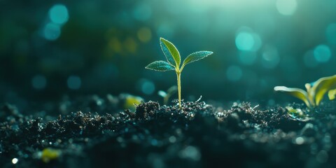 Growing seedling sprouts in fertile soil. concept of growth and environmental sustainability
