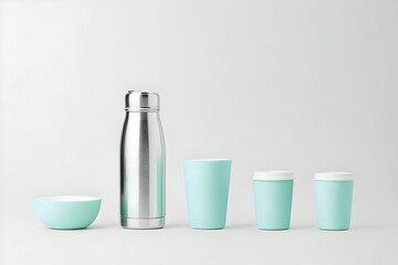 Reusable Food Storage Containers and Water Bottle Displayed on a White Background