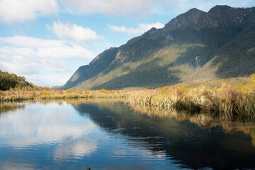 Mirror Lakes Reflecting Mount Eglinton in a Scenic New Zealand Landscape