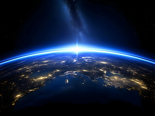 Planet Earth Glows with City Lights as the Sun Rises Majestically in Space