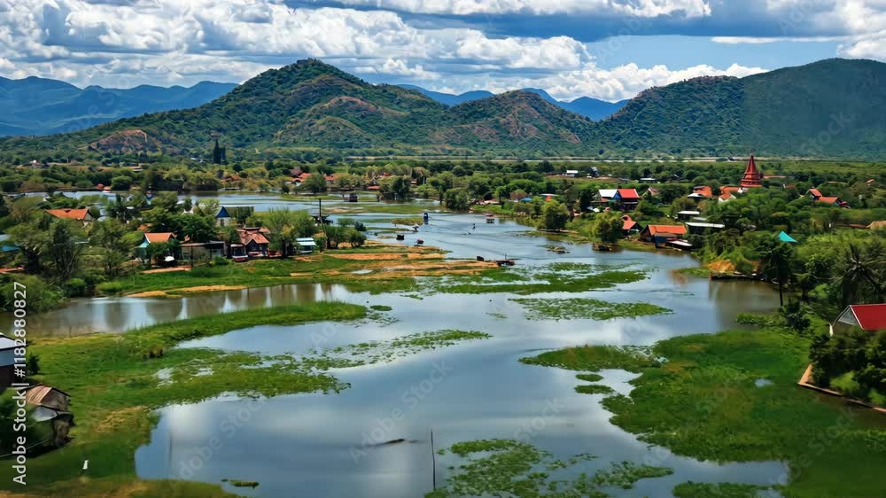Poster scenic view of lush wetlands with mountains and clouds in the background during midday in a tranquil