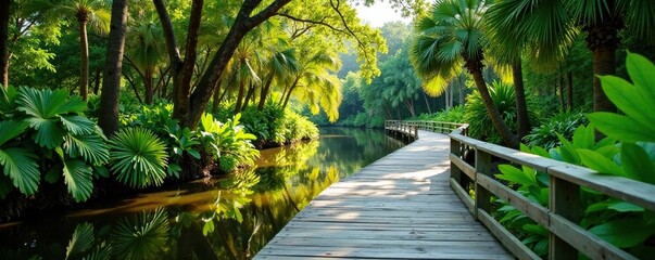 Boardwalk with lush vegetation and creek in background, Sarasota County, Florida