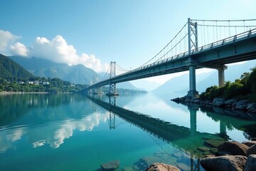 Bridge spanning bay with calm and clear lake-like waters, still, peaceful