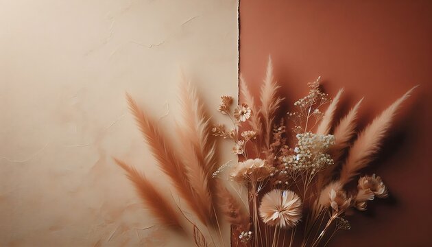 Earthy terracotta and beige background with delicate dried florals and pampas grass for a bohemian wedding card. Generative AI