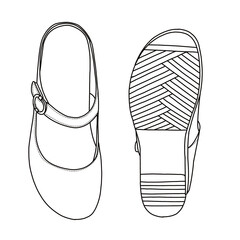 Women's Mules Low Heeled Sandals Breathable Backless shoes line art, Technical sketch hand drawing outline vector doodle top and bottom view isolated on white background for coloring page