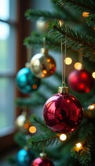 Colorful ornaments dangling from a Christmas tree branch, hanging, twinkle